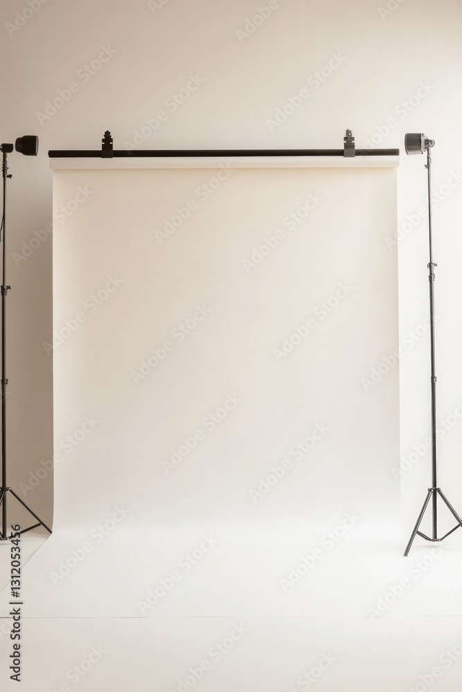 Empty photo studio with professional lighting setup and white backdrop Empty photo studio with professional lighting setup and white backdrop