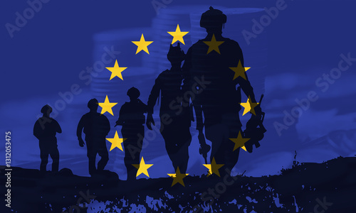 Silhouettes of soldiers march forward, framed by the European Union flag with its iconic circle of stars, symbolizing unity and strength in a modern EU army. 