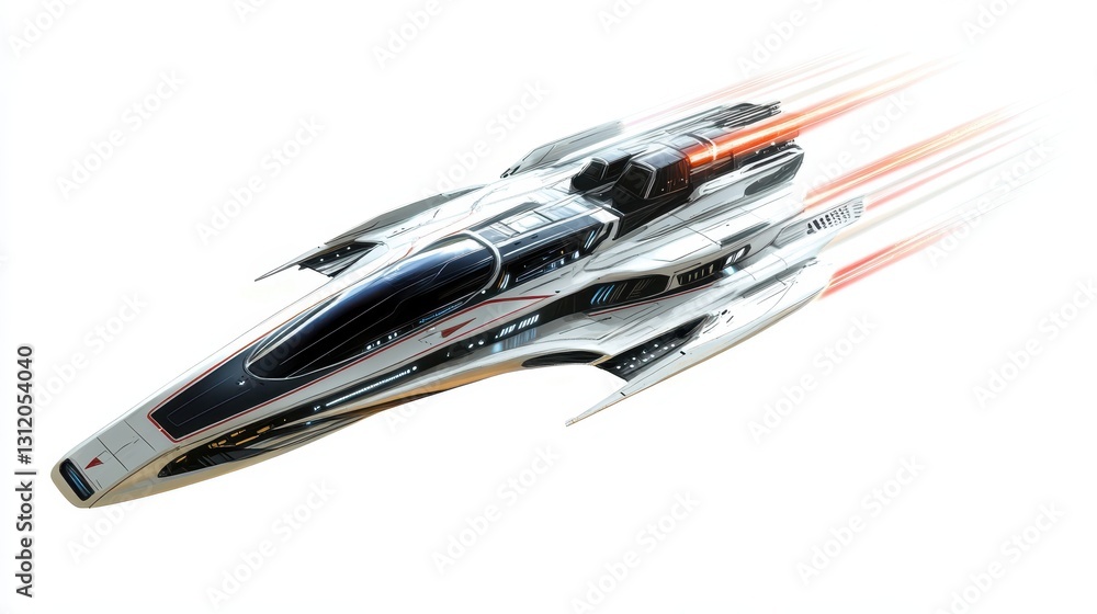 A futuristic spaceship launching, depicted against a white background. A futuristic spaceship launching, depicted against a white background.