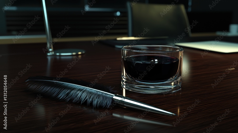 Naklejka premium Dark wood office desk, quill pen, wine glass, elegant background