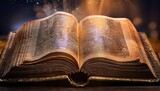 An enchanting book lies open, glowing with vibrant light, surrounded by sparkling stars at night.