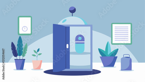 Wellness Space Capture the surroundings of the cryotherapy chamber featuring potted plants a calming color palette and motivational posters promoting health and wellness.
