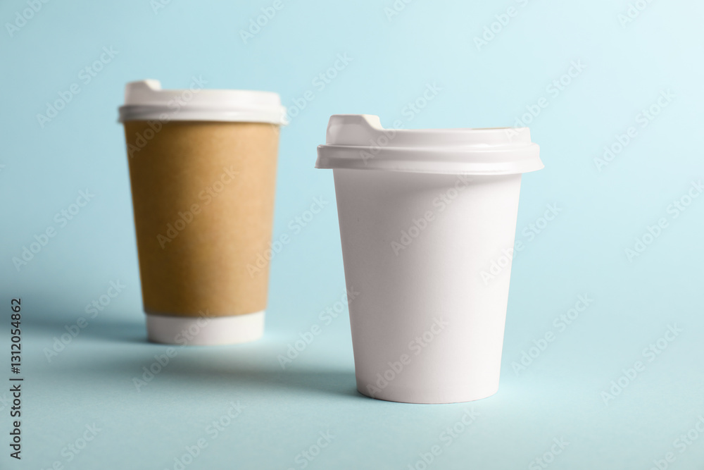 Paper cups on light blue background, selective focus. Mockup for design Paper cups on light blue background, selective focus. Mockup for design