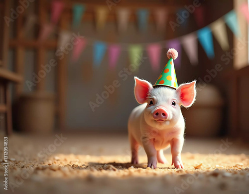 Piglet Wearing Party Hat with Flags