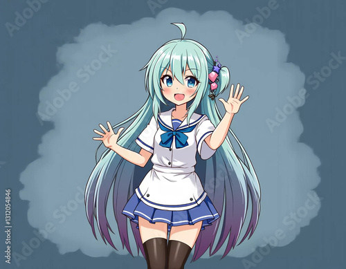 Anime girl character with long teal hair waving cheerfully in a whimsical background