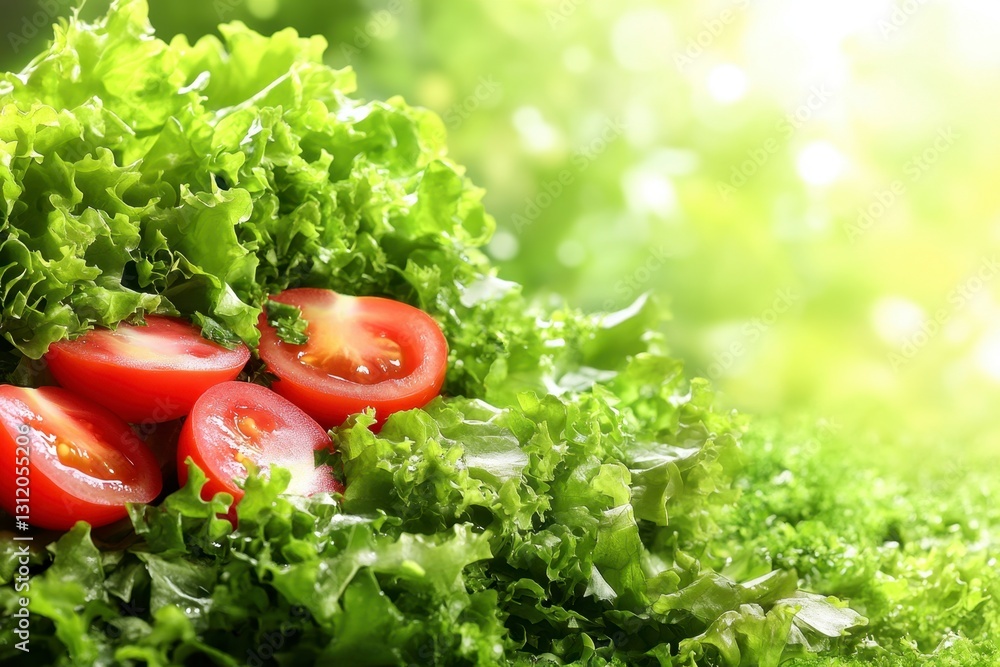 Fresh red tomatoes and green lettuce, close up view. Bright sunlight illuminates the vibrant produce. Healthy eating concept. Fresh red tomatoes and green lettuce, close up view. Bright sunlight illuminates the vibrant produce. Healthy eating concept.