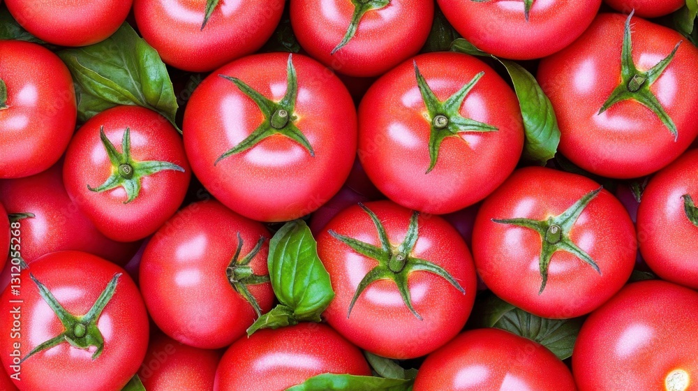 Close up view of numerous ripe red tomatoes with fresh green basil leaves. The tomatoes are plump and glistening. Close up view of numerous ripe red tomatoes with fresh green basil leaves. The tomatoes are plump and glistening.