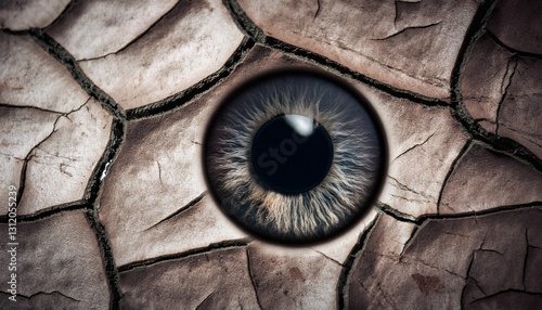 A cracked and textured surface reveals a single, intense eye