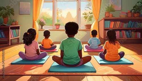 A group of kids sits on yoga mats, practicing mindfulness in a colorful room.