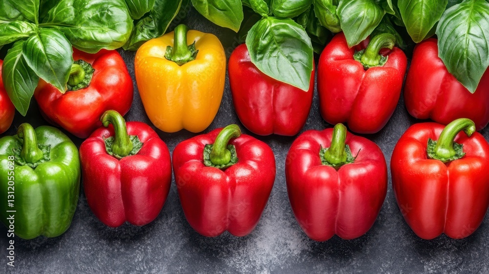Vibrant red, yellow, and green bell peppers arranged on a dark gray background, accented with fresh basil leaves. A close up shot showcasing the peppers' texture and color. Vibrant red, yellow, and green bell peppers arranged on a dark gray background, accented with fresh basil leaves. A close up shot showcasing the peppers' texture and color.