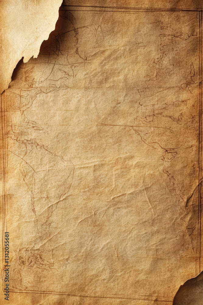 Fototapeta premium Antique parchment map with torn edges and faded lines