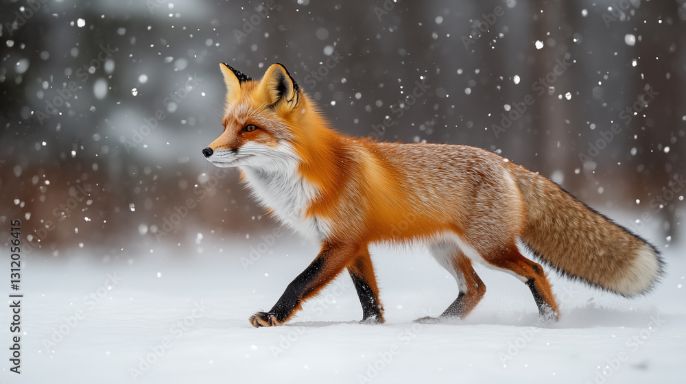 Obraz premium Fluffy red fox walking on white snow in winter forest on blurred background with snowy forest