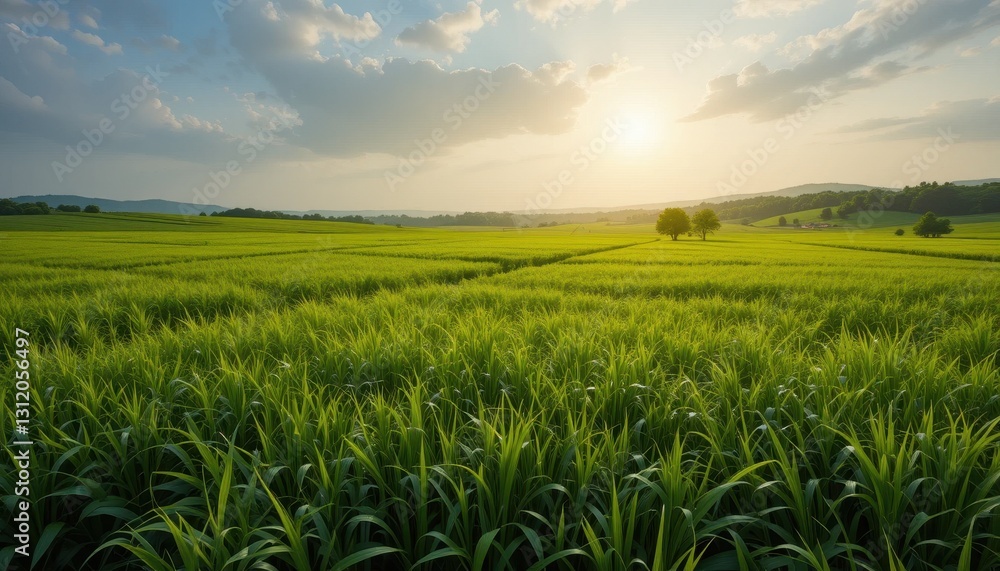 Sunset over lush green fields rural landscape scenic photography serene environment wide angle view Sunset over lush green fields rural landscape scenic photography serene environment wide angle view