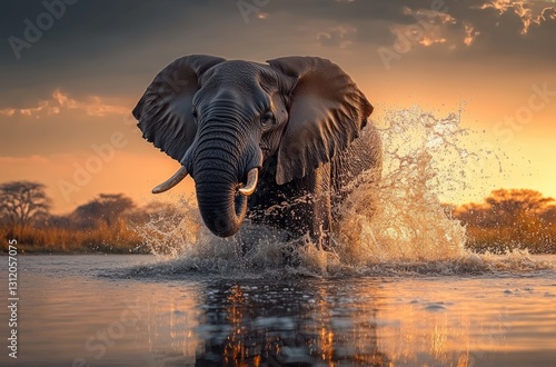 An elephant splashes water with its trunk in the river, surrounded by lush greenery and trees