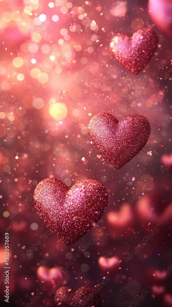Sparkling red hearts float gracefully in a dreamy, romantic atmosphere with soft lights during a festive occasion Sparkling red hearts float gracefully in a dreamy, romantic atmosphere with soft lights during a festive occasion