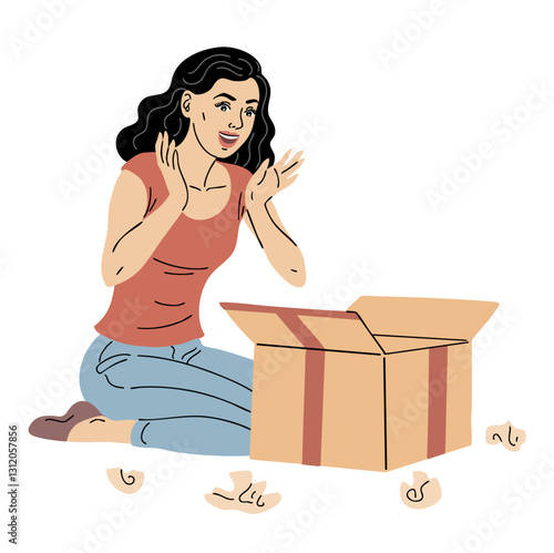 Young woman received a parcel. The girl is happy and delighted. Postal service and reliable delivery. Online store and order. Vector illustration isolated on white background