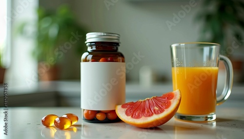 Fresh Orange Juice with Vitamin C Supplements and Citrus Fruit