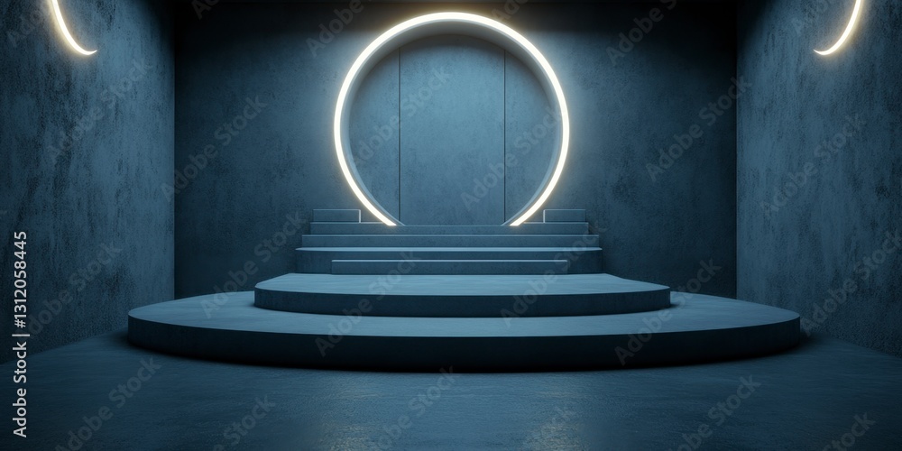 Dark, moody concrete room interior with circular platform and neon lighting. Futuristic, minimalist aesthetic. Dim lighting creates shadows. Dark, moody concrete room interior with circular platform and neon lighting. Futuristic, minimalist aesthetic. Dim lighting creates shadows.