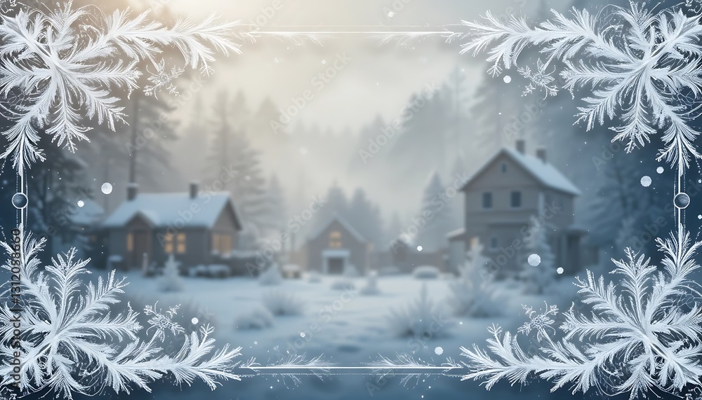 Naklejka premium Snowy Village Scene with Snowflake Border for Winter Holiday Greetings
