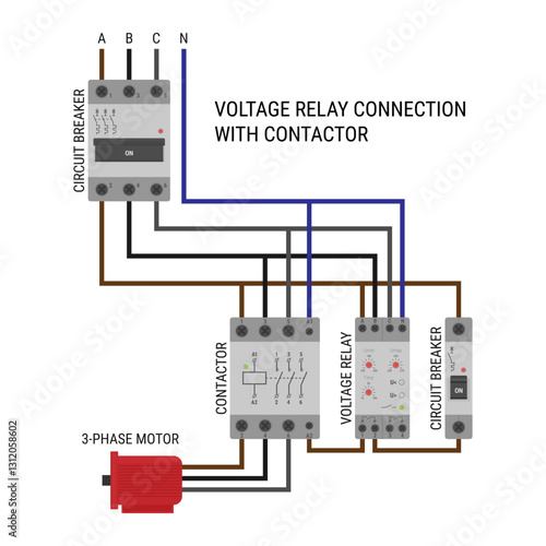 Wiring diagram of a voltage relay and contactor setup for 3-phase motor control. Vector illustration isolated on a white background