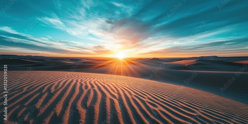 Naklejka premium 3d background minimalistic mockup with space for text, dramatic sunrise over a vast desert with intricate sand dune patterns