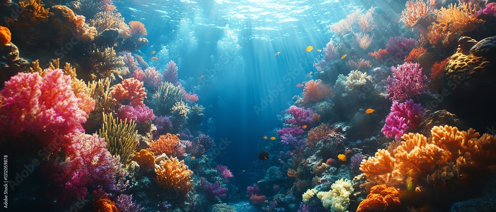 A closeup view of a flourishing coral reef with an array of vibrant coral species, marine life, and soft, clear water, symbolizing the intricate beauty of the underwater world A closeup view of a flourishing coral reef with an array of vibrant coral species, marine life, and soft, clear water, symbolizing the intricate beauty of the underwater world