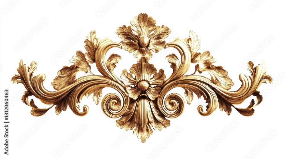 A gold baroque ornament element is displayed isolated on a white background, showcasing its intricate, elaborate design and classic luxury. A gold baroque ornament element is displayed isolated on a white background, showcasing its intricate, elaborate design and classic luxury.