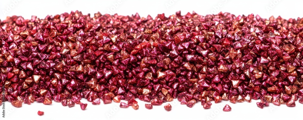 Pile of small, dark red triangular crystals with subtle metallic sheen, arranged in a long horizontal row against a white background. Pile of small, dark red triangular crystals with subtle metallic sheen, arranged in a long horizontal row against a white background.