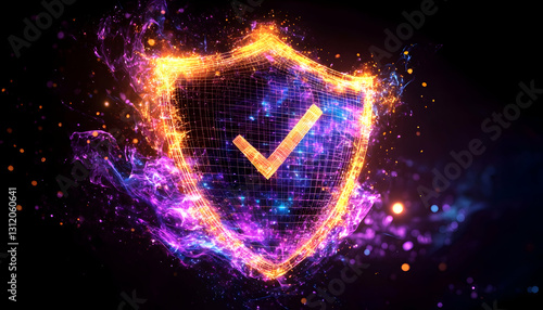 A digital shield with a checkmark inside is engulfed in flames, creating a vibrant and abstract image