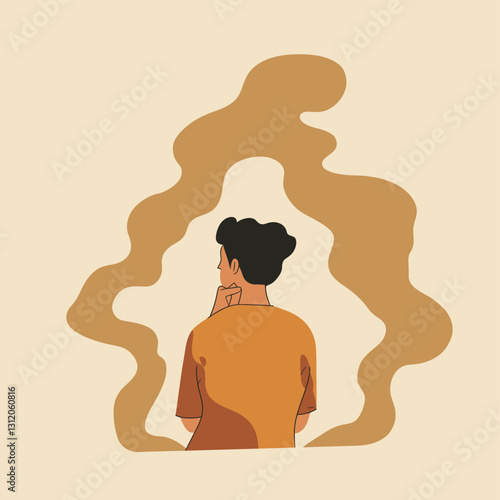 Person thinking surrounded by hidden factors, simple, plain background, illustrator art style.