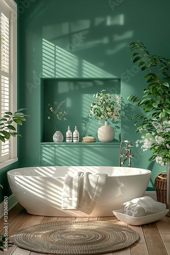 A serene modern bathroom with a freestanding white bathtub, surrounded by lush greenery and bathed in natural light.