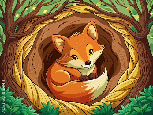 tiny baby fox curled up inside a hollow tree, its fluffy tail wrapped around itself