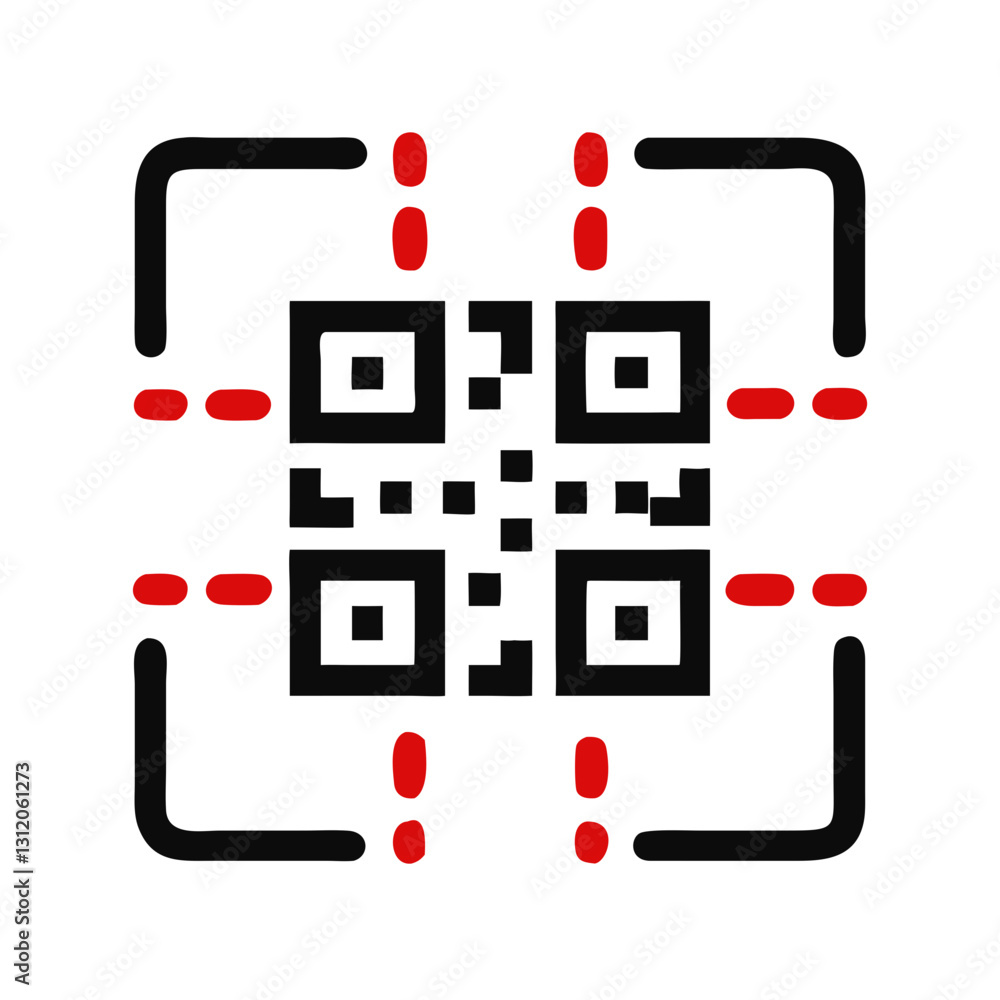 QR code surrounded by red scanning lines within bold black frame. Clean red and black against white background. Concept: contactless payment, digital menus, mobile ticketing. QR code surrounded by red scanning lines within bold black frame. Clean red and black against white background. Concept: contactless payment, digital menus, mobile ticketing.