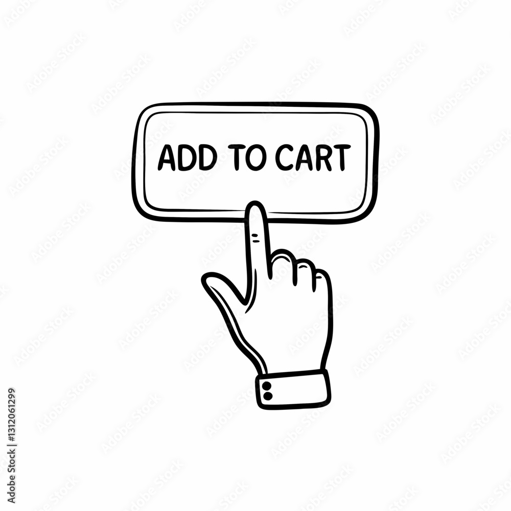 Hand cursor clicking add to cart button in sketched style. Informal illustration captures key ecommerce interaction moment. Concept: online shopping, ecommerce interface, user experience design. Hand cursor clicking add to cart button in sketched style. Informal illustration captures key ecommerce interaction moment. Concept: online shopping, ecommerce interface, user experience design.