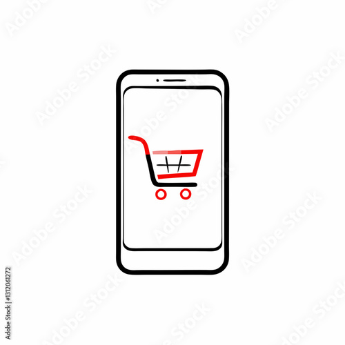 Smartphone screen displays red shopping cart icon, white background. Simple line drawing illustrates mobile e-commerce functionality. M-commerce concept for retail apps online stores digital shopping