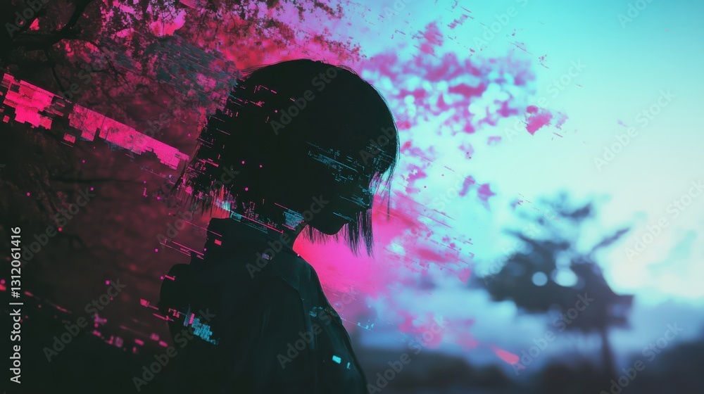 Obraz premium Creative glitch effect with color bleeding, faded edges, and digital distortion