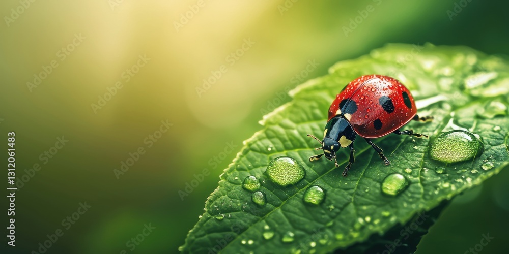 Naklejka premium 3d background minimalistic mockup with space for text, high-resolution close-up of a red ladybug sitting on a fresh green leaf with perfect water droplets