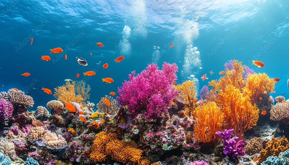 Naklejka premium A mesmerizing underwater world with diverse coral formations, vibrant fish, and sea creatures coexisting peacefully, showcasing the delicate balance of coral reef ecosystems
