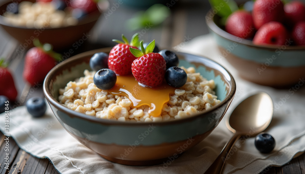 Healthy oatmeal bowl topped with fresh berries and honey on wooden table