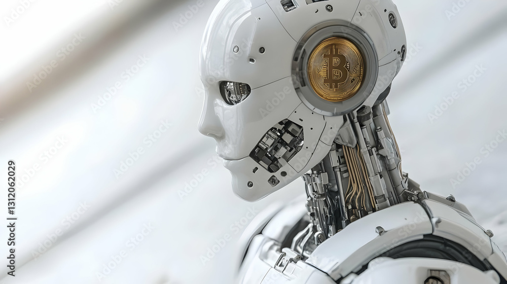 Fototapeta premium Close Up of a White and Gold Humanoid Robot Head