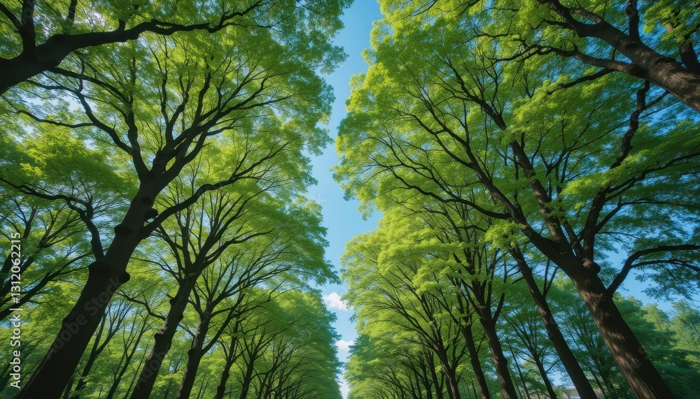 Fototapeta premium Lush green canopy walk forest park nature photography sunny day upward view serenity