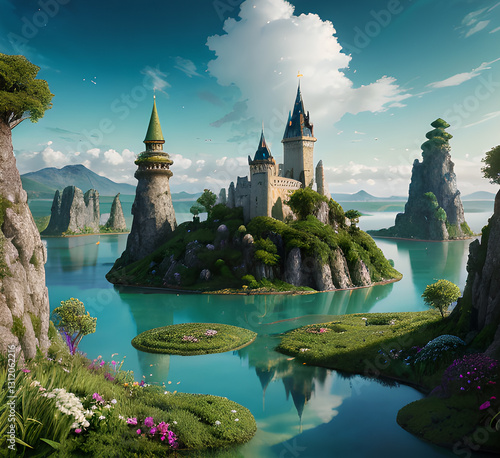 A medieval-style castle surrounded by trees and foliage in a dense forest, situational conversation and serenie laquet or rivière, generative ay