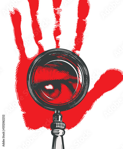 vector banner on detective and crime investigation theme with magnifying glass and human eye with bloody hand