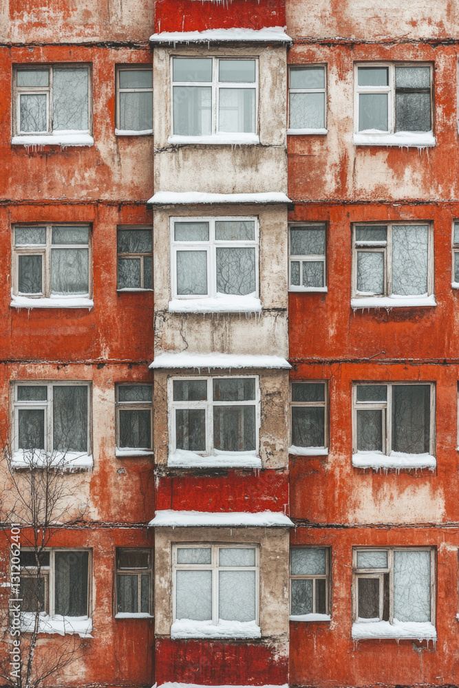 Obraz premium Weathered red apartment building with snow-covered windows in urban setting