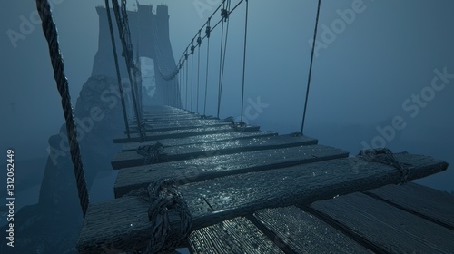 Misty, ancient rope bridge over chasm, unknown destination