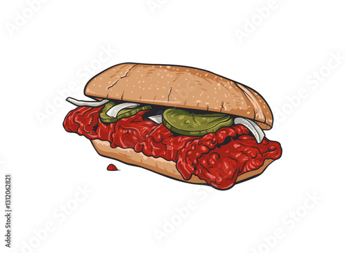 A sandwich, featuring a saucy, red meat patty on a long bun, topped with onions and pickle