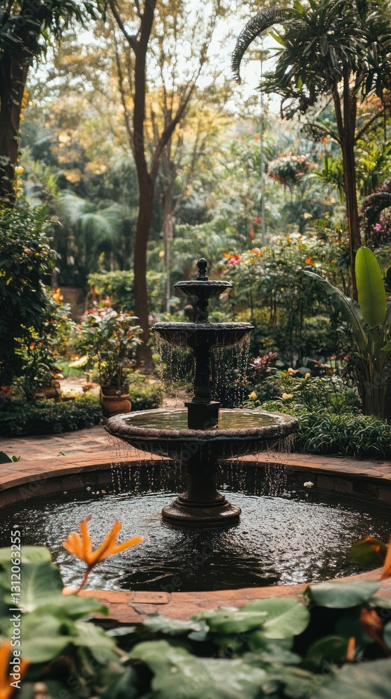 A lush garden with a sparkling fountain sets the scene for a May wedding. Vertical. A lush garden with a sparkling fountain sets the scene for a May wedding. Vertical.