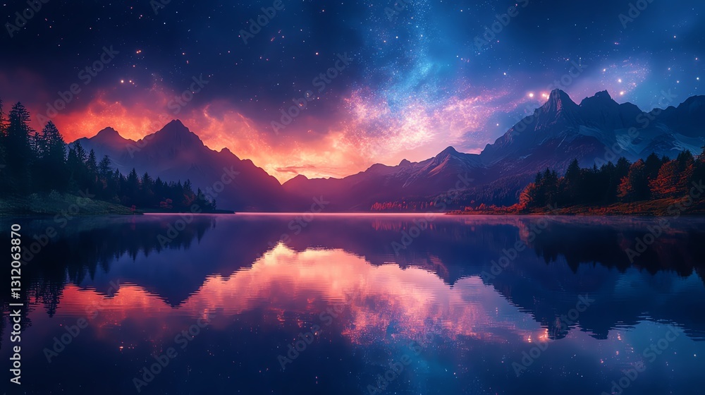 A tranquil lake reflecting a galaxyfilled sky, surrounded by misty mountains and soft, glowing stars, symbolizing peace and the mysteries of the universe A tranquil lake reflecting a galaxyfilled sky, surrounded by misty mountains and soft, glowing stars, symbolizing peace and the mysteries of the universe