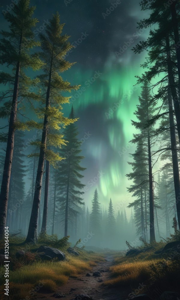 Fototapeta premium Misty forest with a subtle glow of aurora borealis, stillness, peaceful