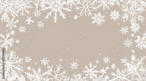 White snowflake border with a light beige background. This winter themed design is perfect for holiday cards, seasonal invitations, and Christmas decorations.